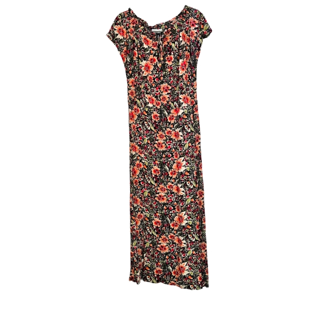 Allison Brittney M Floral Smock‎ Off Shoulder Maxi Dress Double Front Split Cap